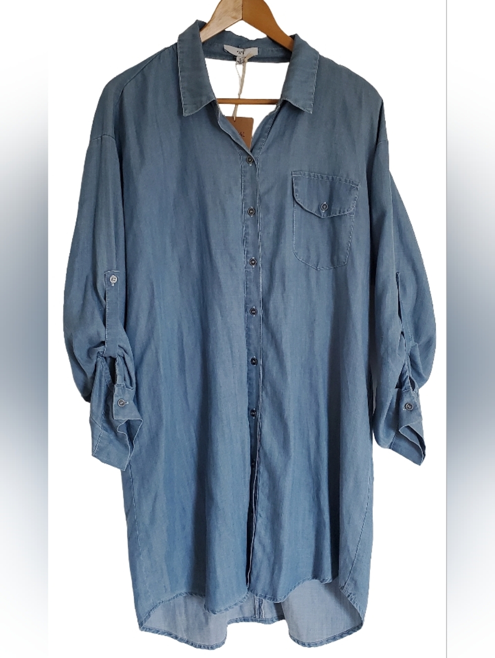 Fate Denim Tencel Twist Knot Back Peekaboo Button-Down Long Sleeve Shirt Dress